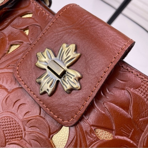 Patricia Nash Rosina Tan Tooled Leather Satchel Bag Floral Cutout Purse NWT - Picture 7 of 9